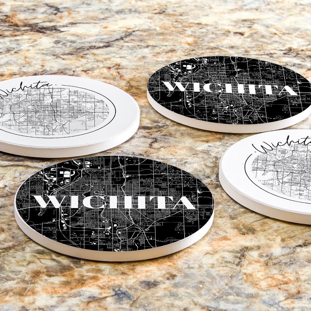 Minimalist B&W Kansas Wichita Maps | Absorbent Coasters | Set of 4 | Min 2