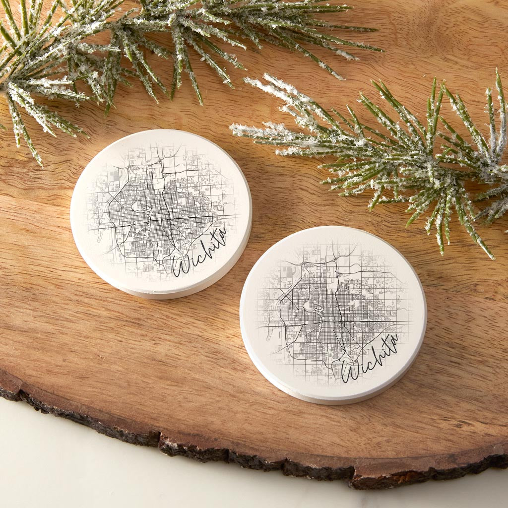 Minimalistic B&W Kansas Wichita Circle Map | Absorbent Car Coasters | Set of 2 | Min 4