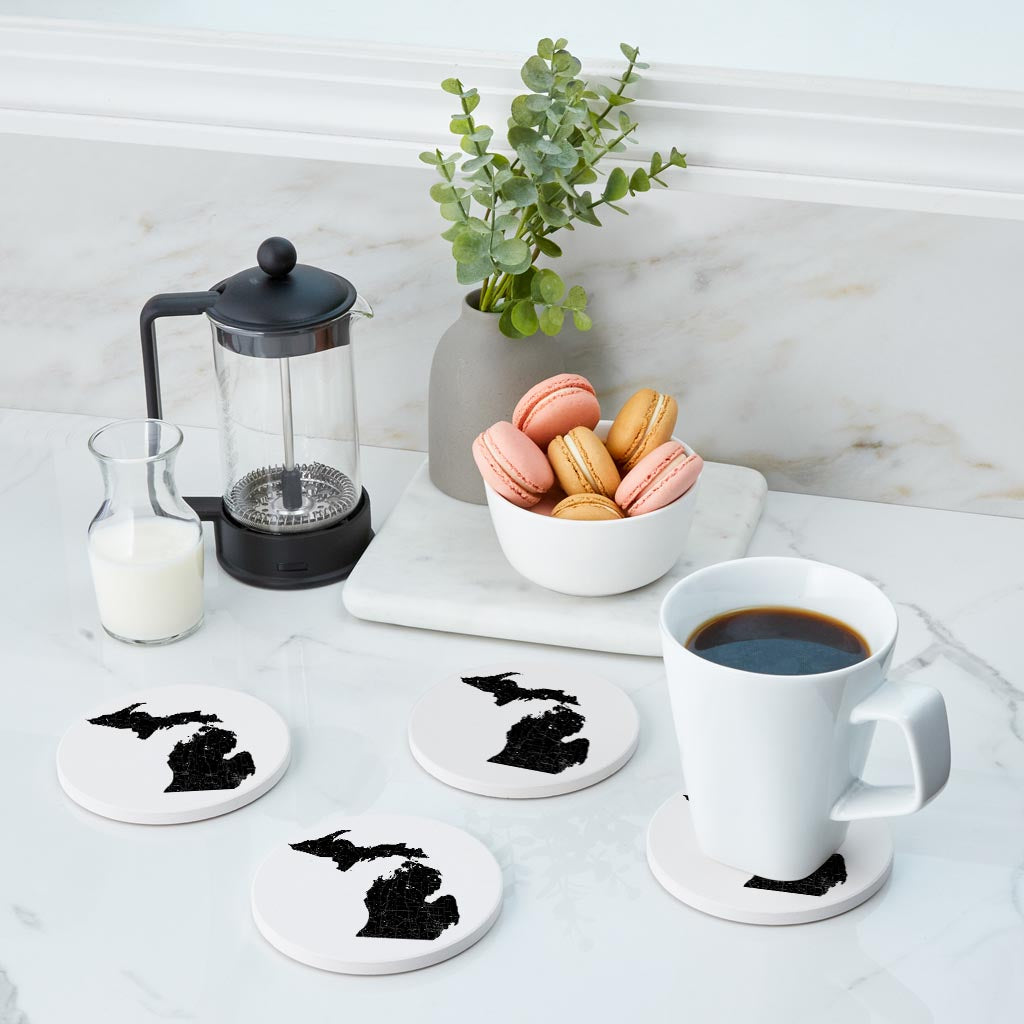 Minimalistic B&W Michigan Map Petoskey Star | Absorbent Coasters | Set of 4 | Min 2
