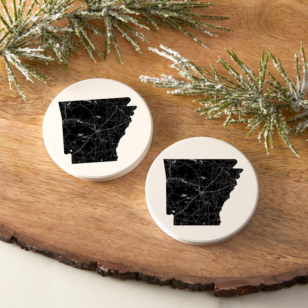 B&W Minimalist Arkansas Map| Absorbent Car Coasters | Set of 2 | Min 4