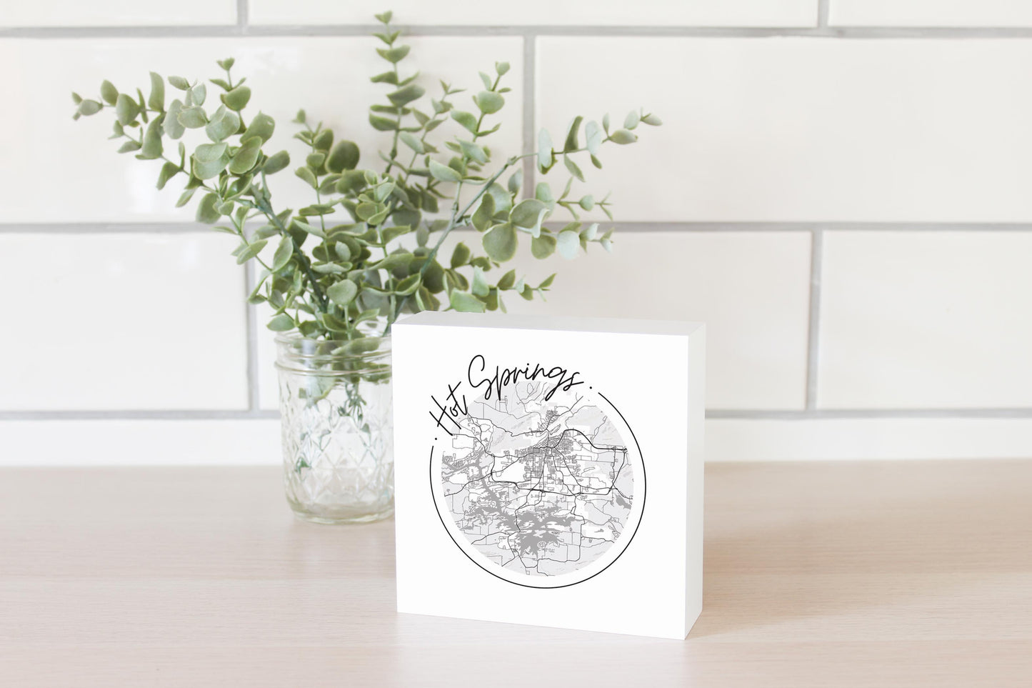 B&W Minimalist Arkansas Hot Springs Circle Map| Wood Block | Eaches | Min 4