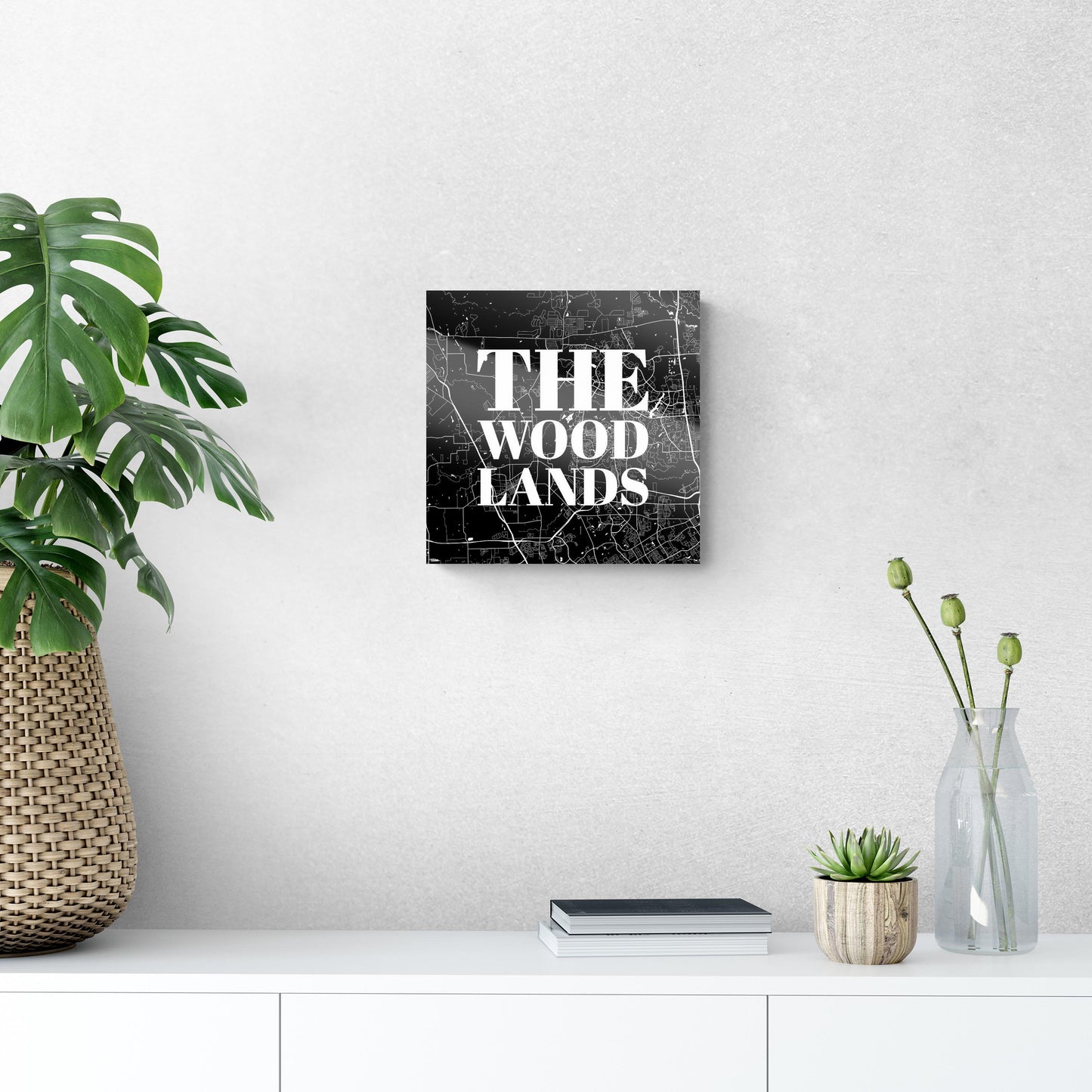 Minimalistic B&W Texas The Woodlands Map | Hi-Def Glass Art | Eaches | Min 1