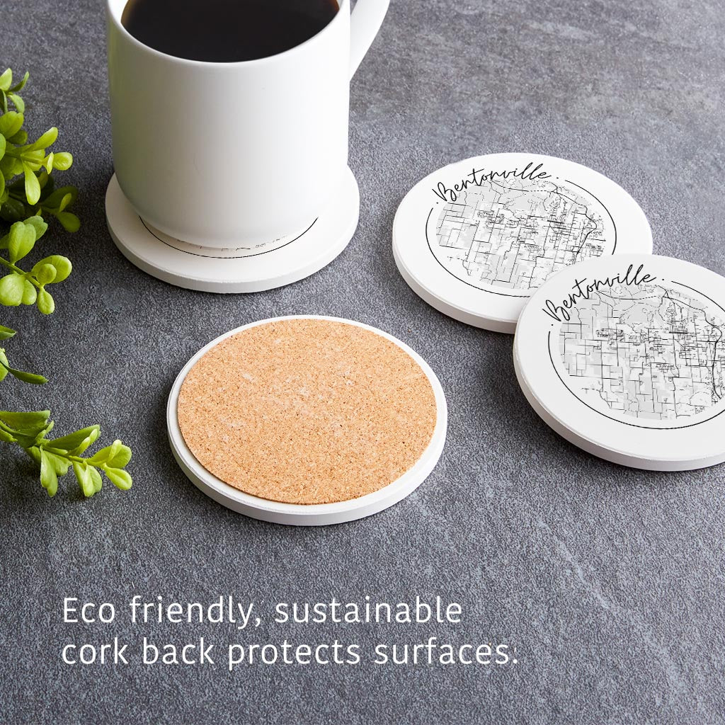 Minimalist B&W Arkansas Bentonville Circle Map | Absorbent Coasters | Set of 4 | Min 2