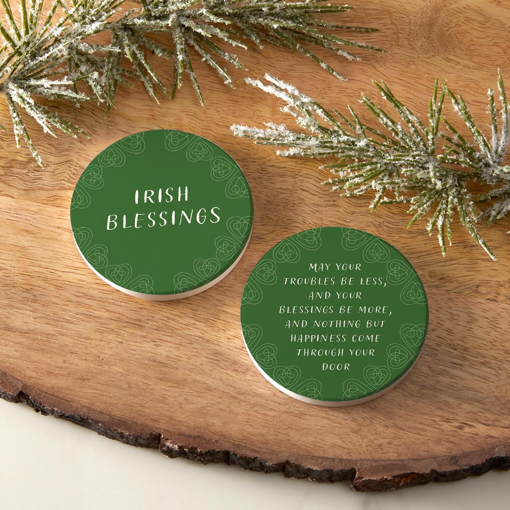 Dark Green Shamrock Irish Blessings Poem| Absorbent Car Coasters | Set of 2 | Min 4