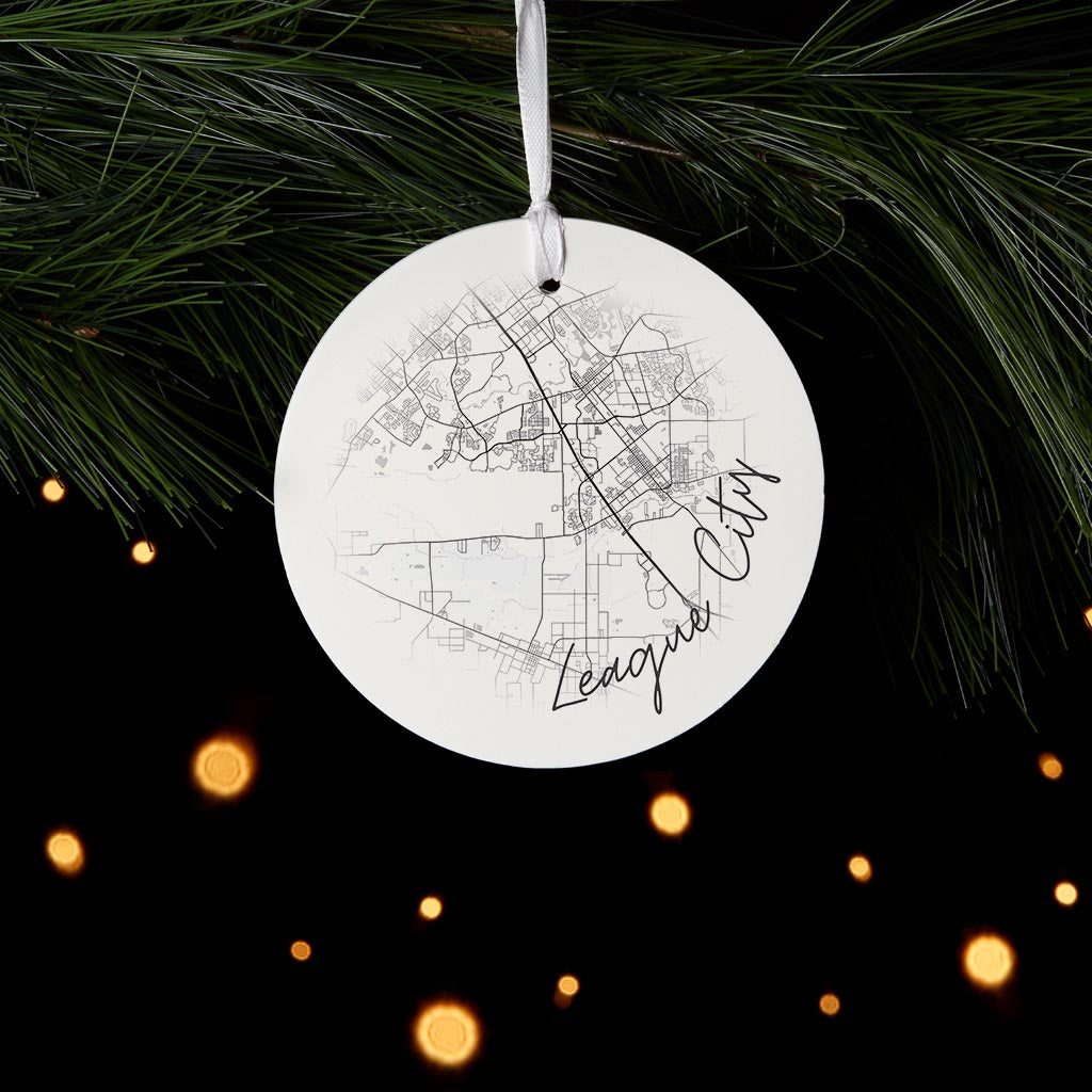 Minimalistic B&W Texas League City Circle Map| Wood Ornament | Eaches | Min 6