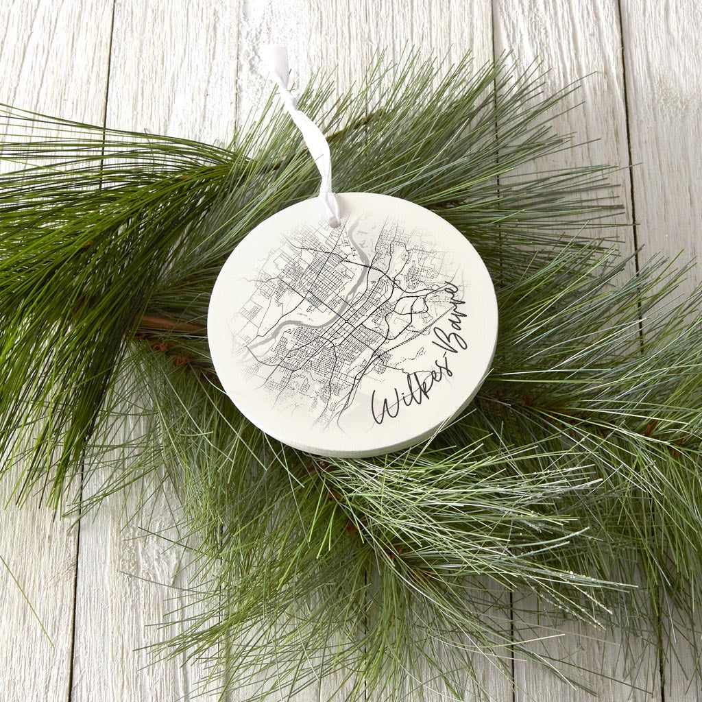 Minimalistic B&W Pennsylvania Wilkes Barre Circle Map| Wood Ornament | Eaches | Min 6