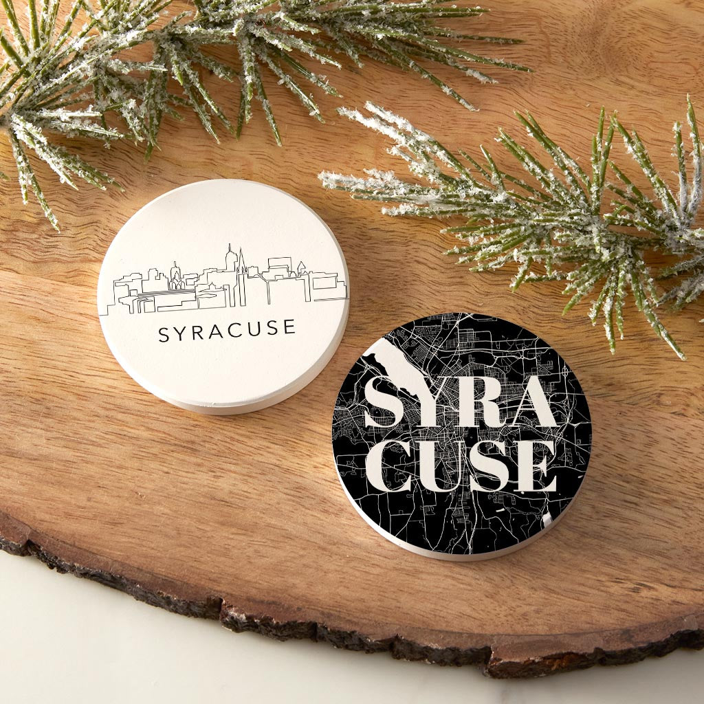 Minimalistic B&W New York Syracuse Map Skyline| Absorbent Car Coasters | Set of 2 | Min 4