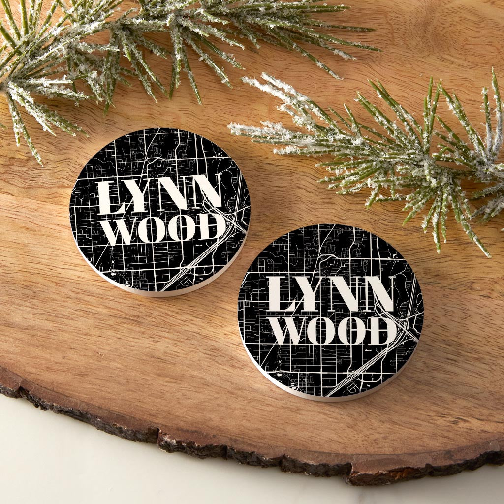 Minimalistic B&W Washington Lynnwood Map | Absorbent Car Coasters | Set of 2 | Min 4