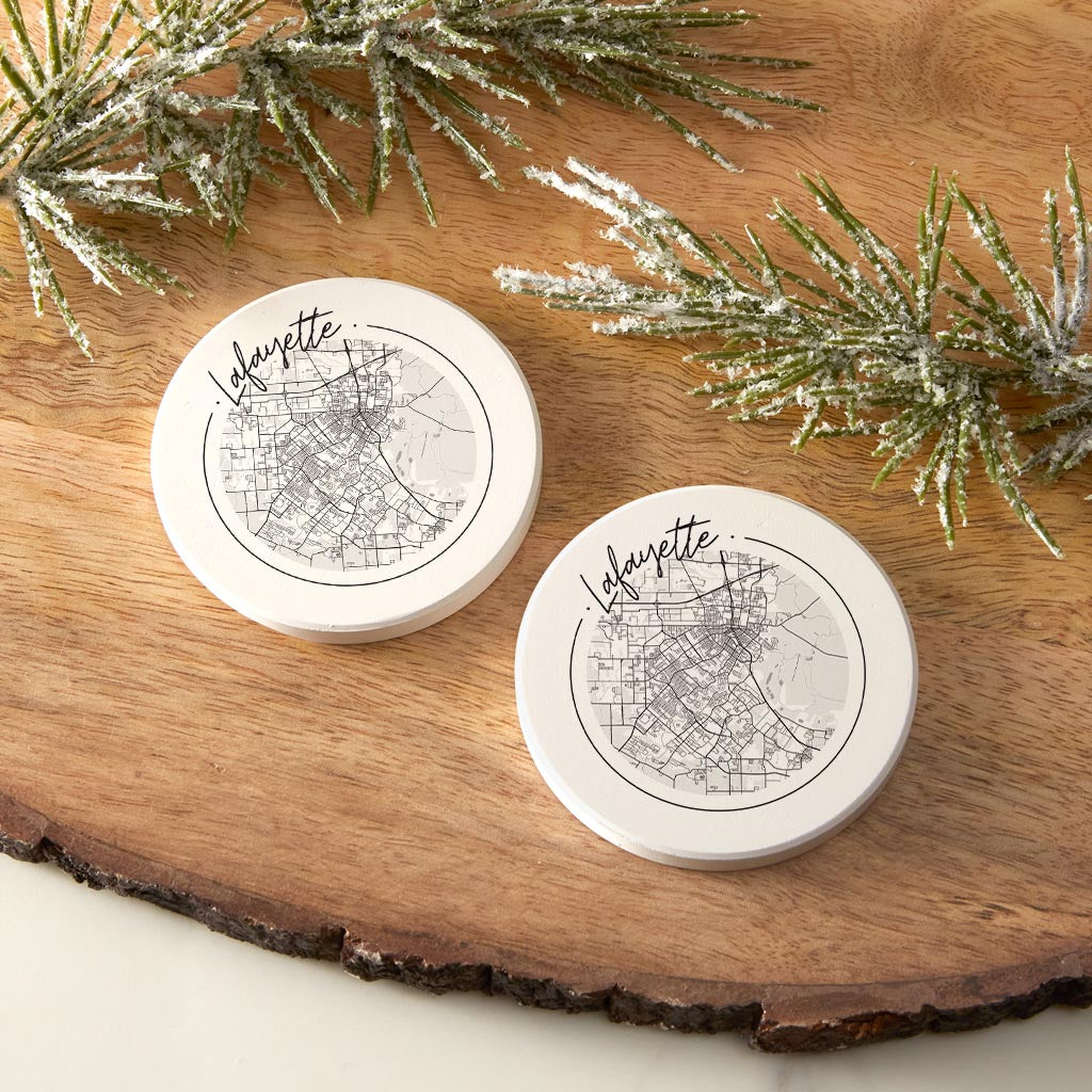 Modern Louisiana Lafayette Circle Map| Absorbent Car Coasters | Set of 2 | Min 4