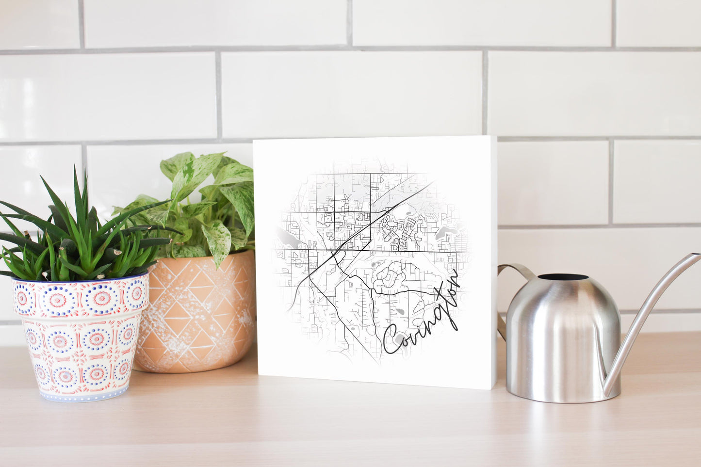 Minimalistic B&W Washington Covington Circle Map | Wood Block | Eaches | Min 2