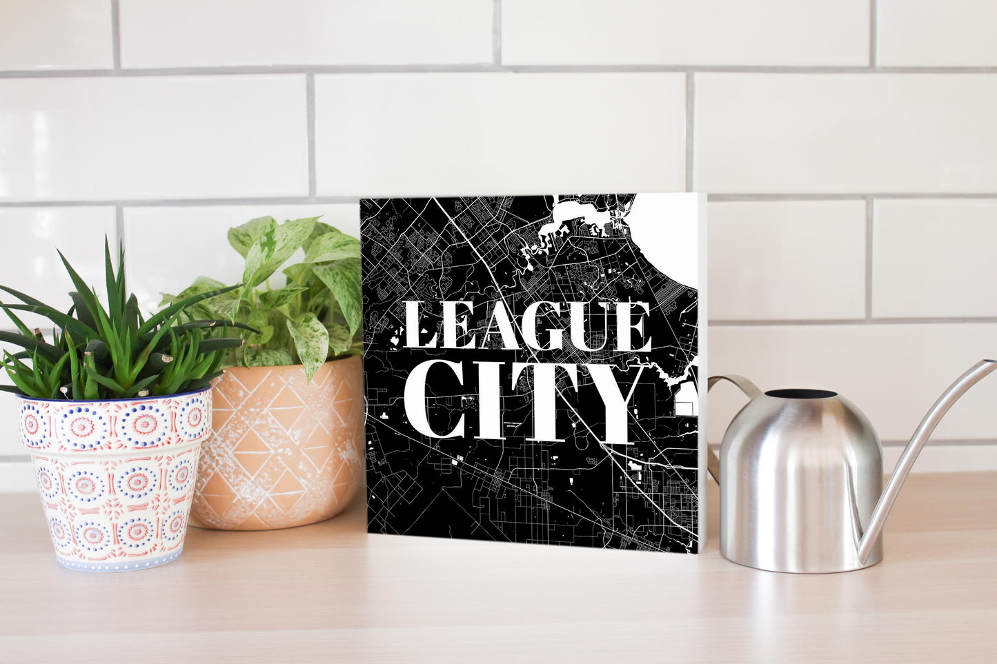 Minimalistic B&W Texas League City Map | Wood Block | Eaches | Min 2