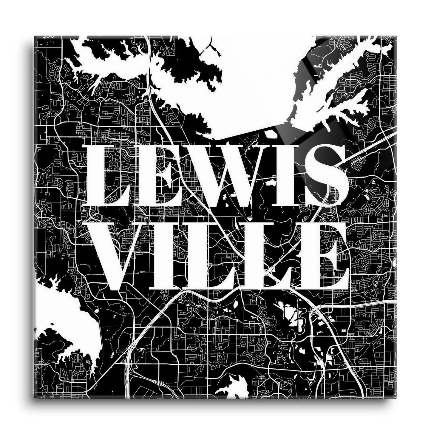 Minimalistic B&W Texas Lewisville Map | Hi-Def Glass Art | Eaches | Min 1