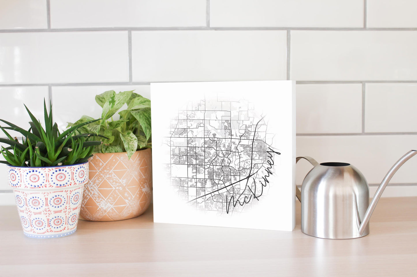 Minimalistic B&W Texas Mckinney Circle Map | Wood Block | Eaches | Min 2