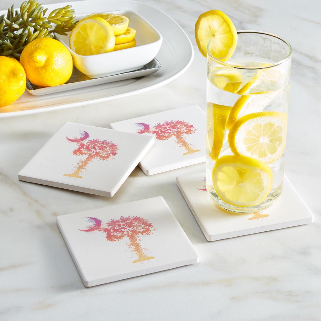 South Carolina Pink Water Color Palm Trees On White| Absorbent Coasters | Set of 4 | Min 2