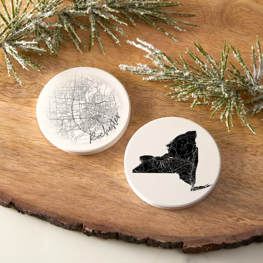 Minimalistic B&W New York Rochester Map State| Absorbent Car Coasters | Set of 2 | Min 4