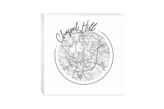 Minimalistic B&W North Carolina Chapel Hill Circle Map | Wood Block | Eaches | Min 2