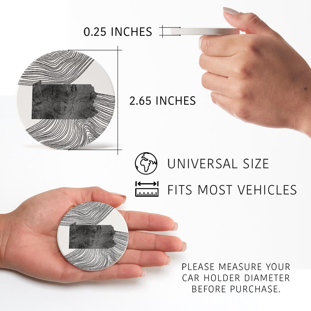 Minimalistic B&W Pennsylvania Shape Fluid Lines | Absorbent Car Coasters | Set of 2 | Min 4