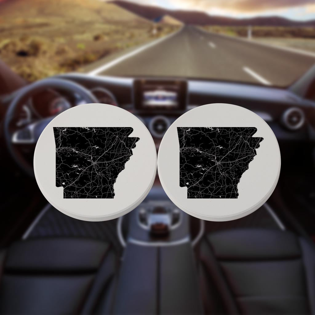 B&W Minimalist Arkansas Map| Absorbent Car Coasters | Set of 2 | Min 4