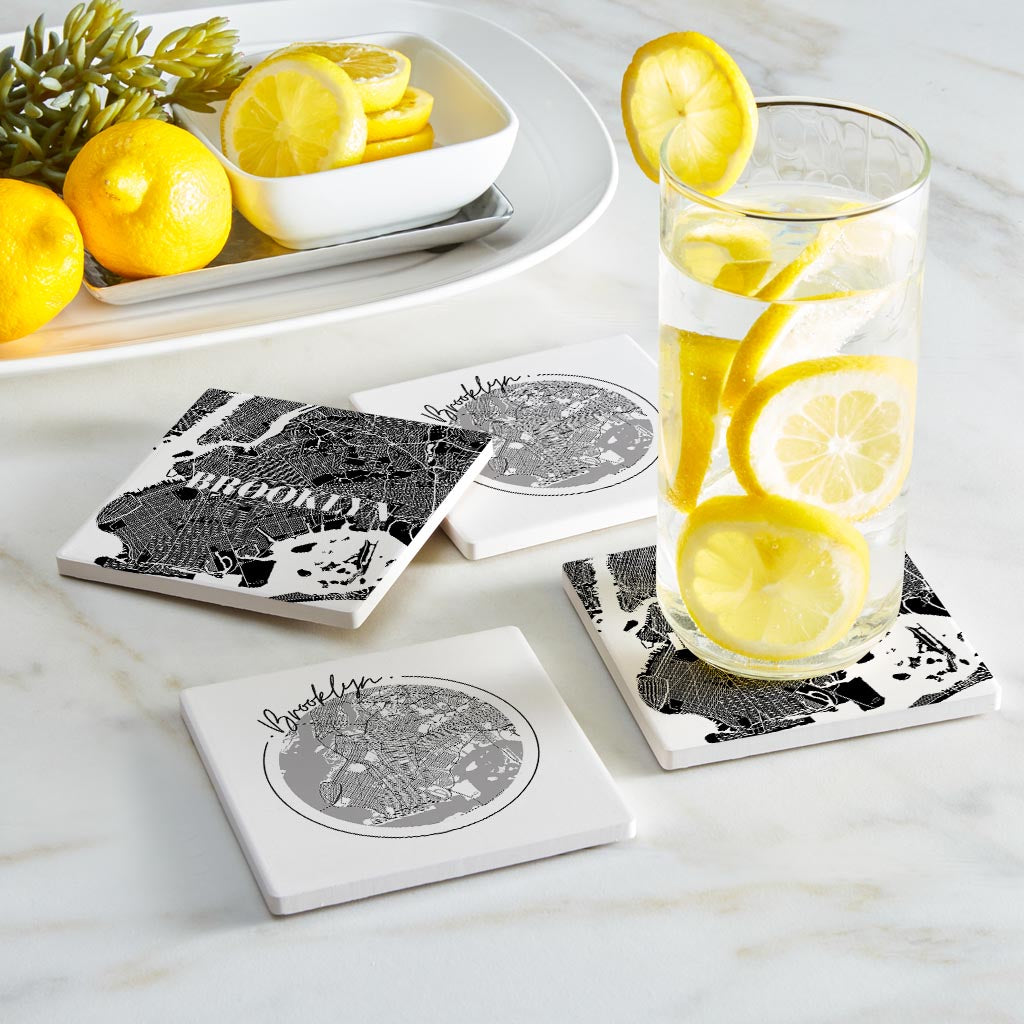 Minimalistic B&W New York Brooklyn Maps | Absorbent Coasters | Set of 4 | Min 2