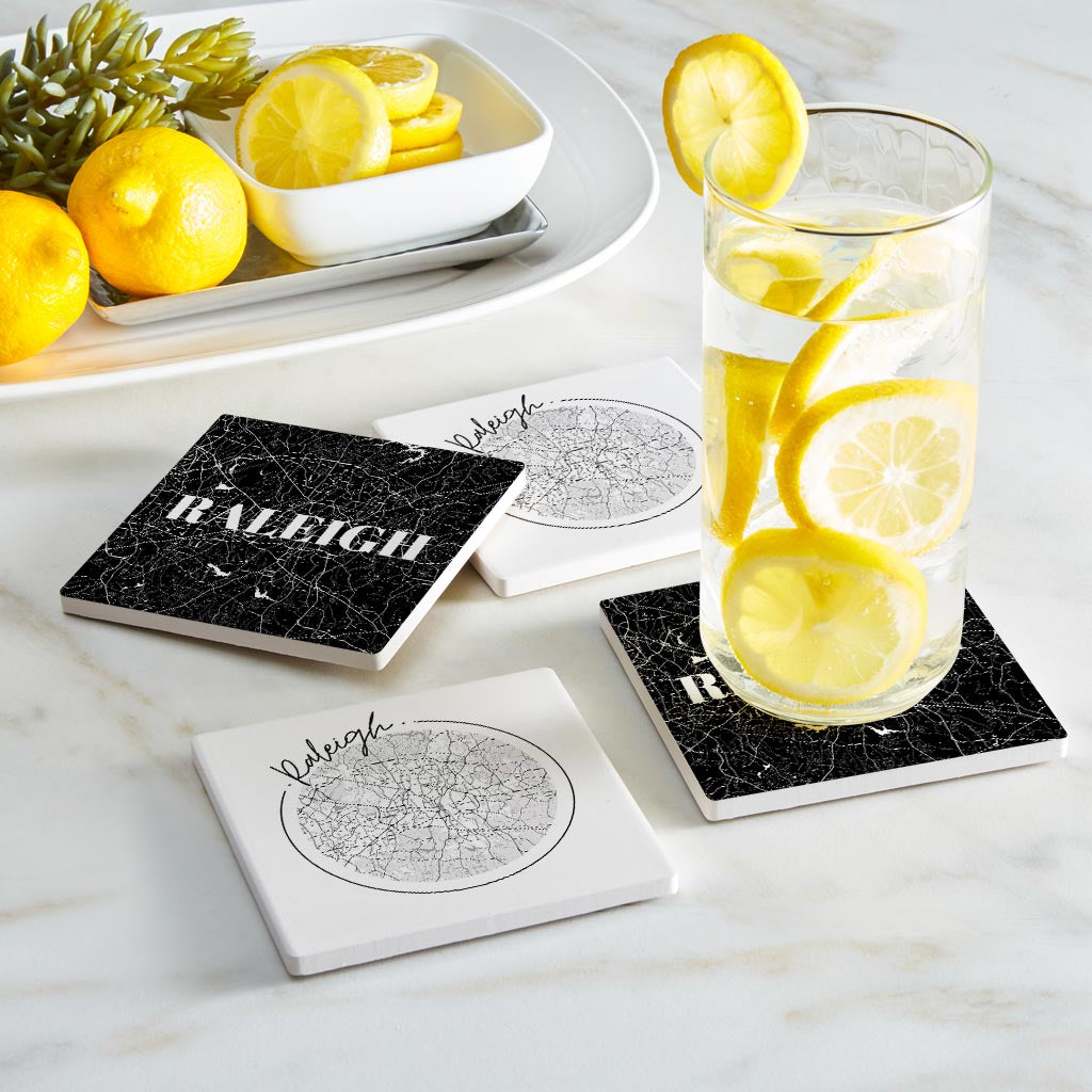 Minimalistic B&W North Carolina Raleigh Maps | Absorbent Coasters | Set of 4 | Min 2