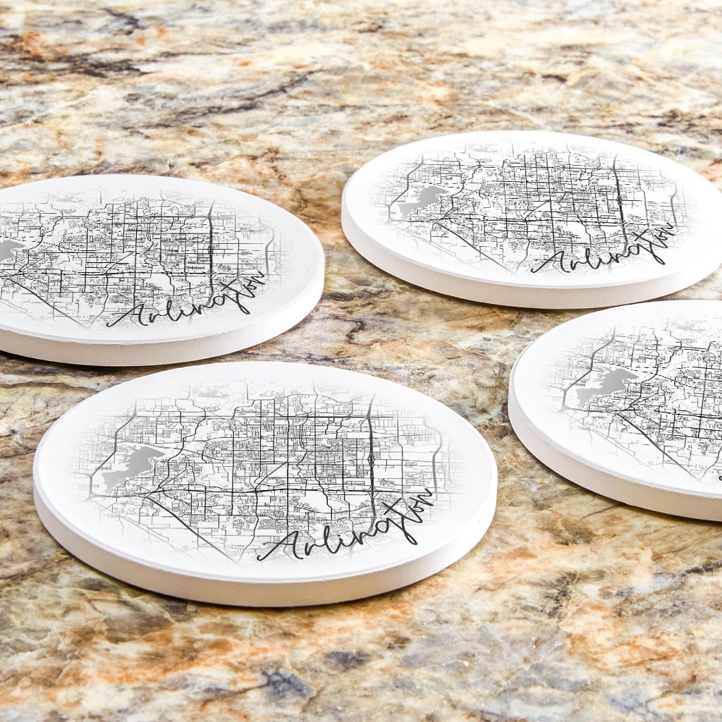Minimalistic B&W Texas Arlington Circle Map | Absorbent Coasters | Set of 4 | Min 2
