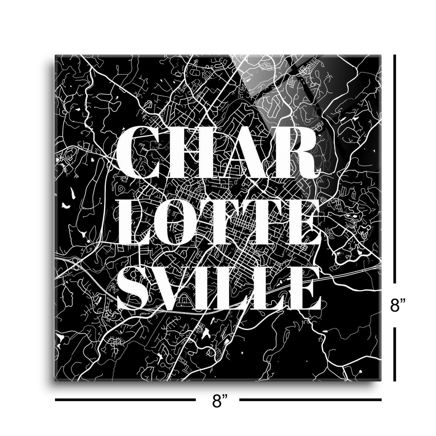 Minimalistic B&W Virginia Charlottesville Map | Hi-Def Glass Art | Eaches | Min 2