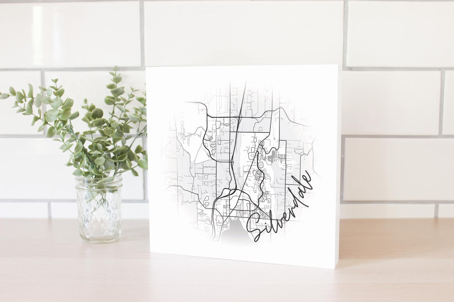 Minimalistic B&W Washington Silverdale Circle Map | Wood Block | Eaches | Min 2