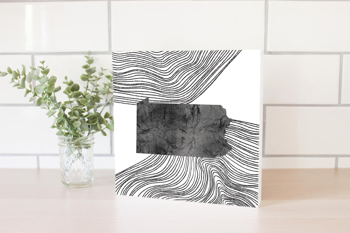 Minimalistic B&W Pennsylvania Shape Fluid Lines | Wood Block | Eaches | Min 2