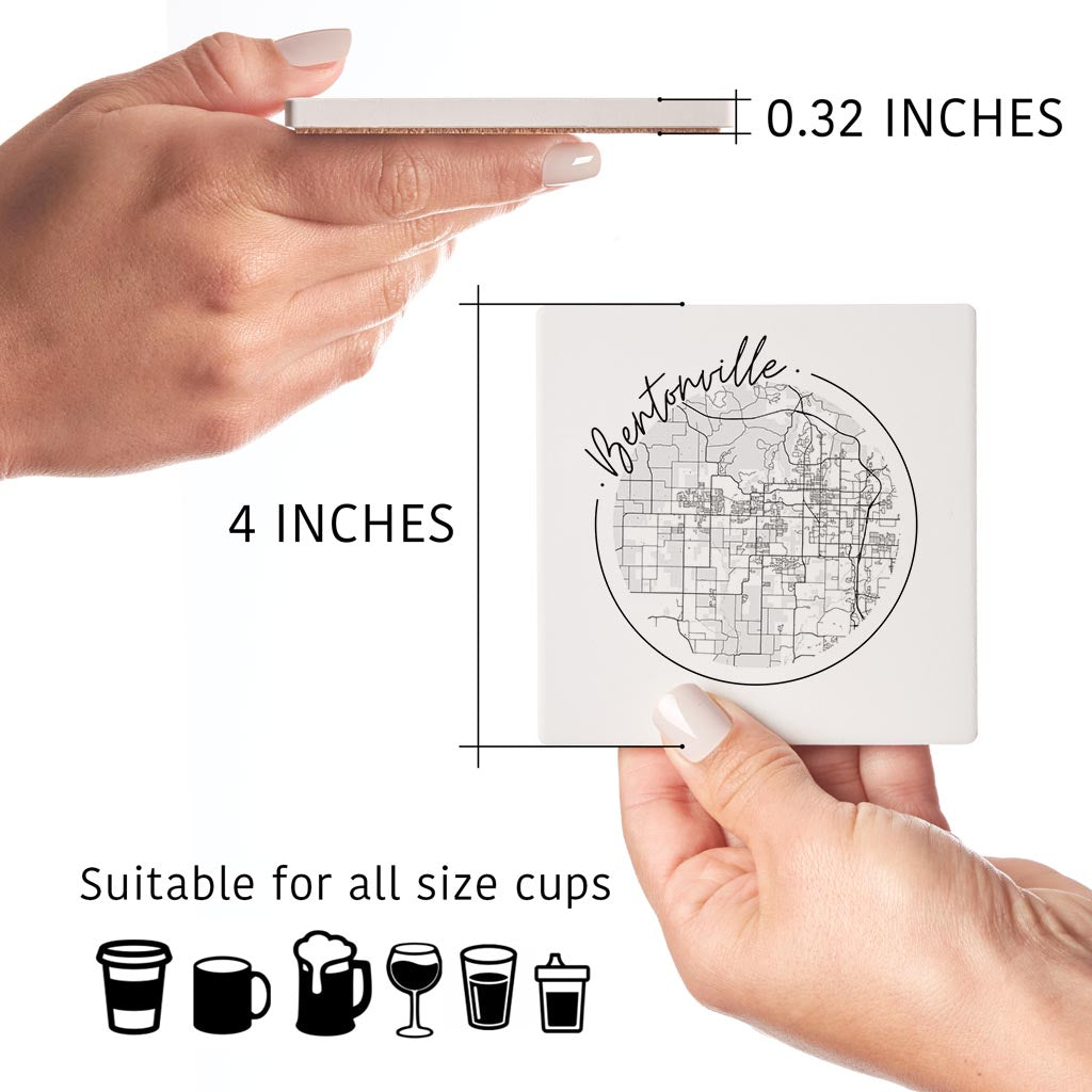 Minimalist B&W Arkansas Bentonville Circle Map | Absorbent Coasters | Set of 4 | Min 2