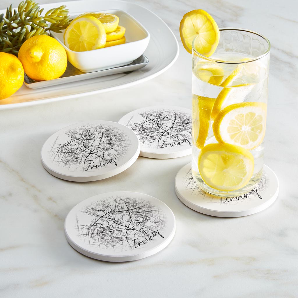 Minimalistic B&W Texas Irving Circle Map | Absorbent Coasters | Set of 4 | Min 2