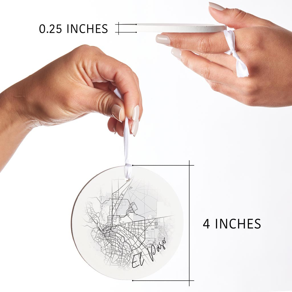 Minimalistic B&W Texas El Paso Circle Map | Wood Ornament | Eaches | Min 6