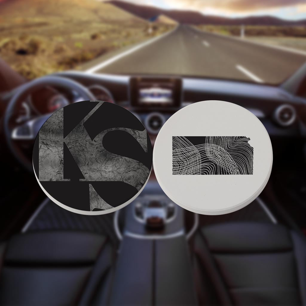 Minimalist B&W Kansas Black Initials And State| Absorbent Car Coasters | Set of 2 | Min 4