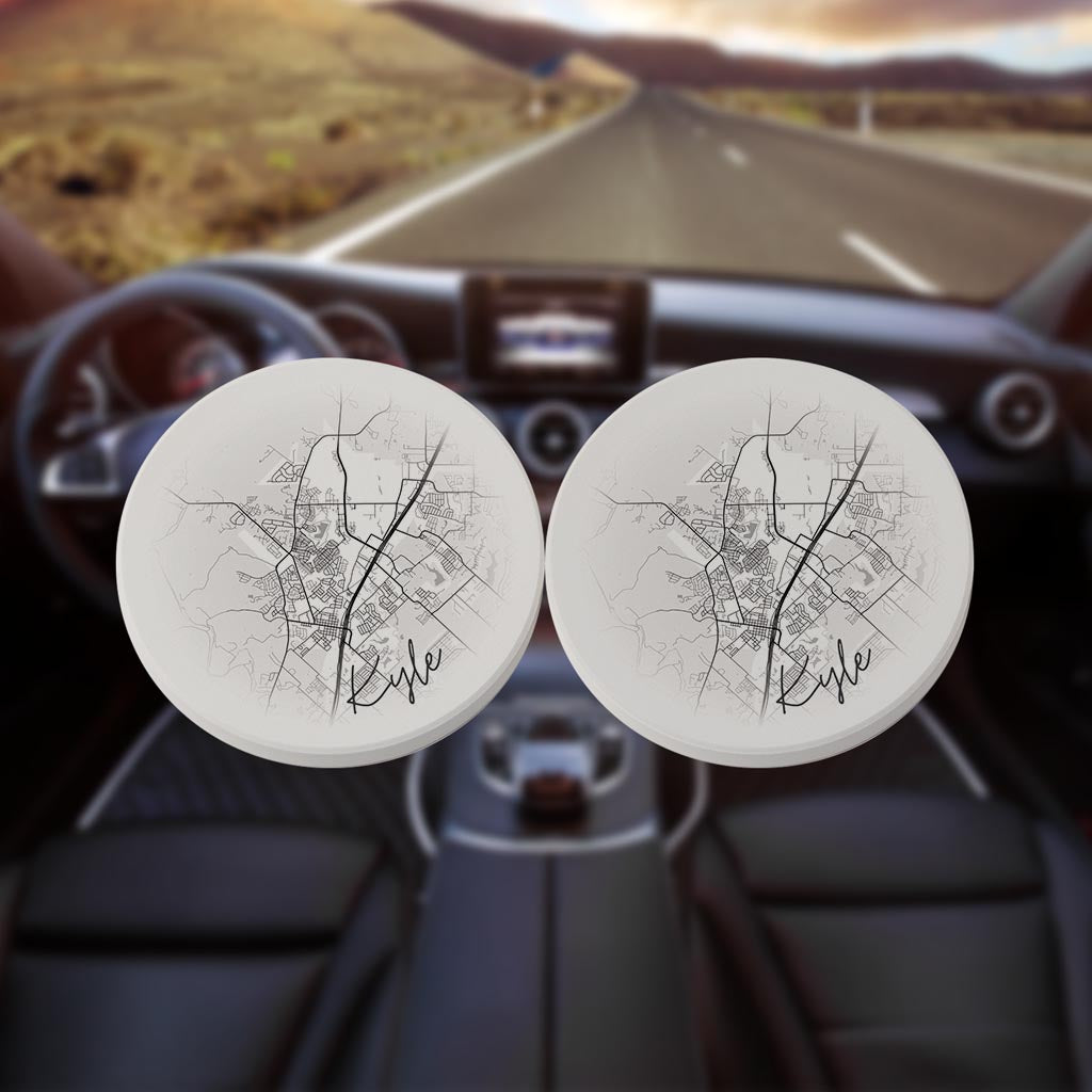 Minimalistic B&W Texas Kyle Circle Map | Absorbent Car Coasters | Set of 2 | Min 4