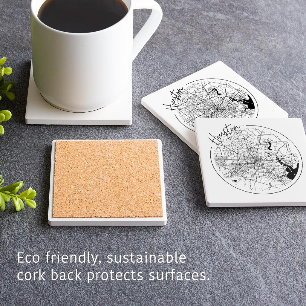 Modern Houston White Round Map | Absorbent Coasters | Set of 4 | Min 2