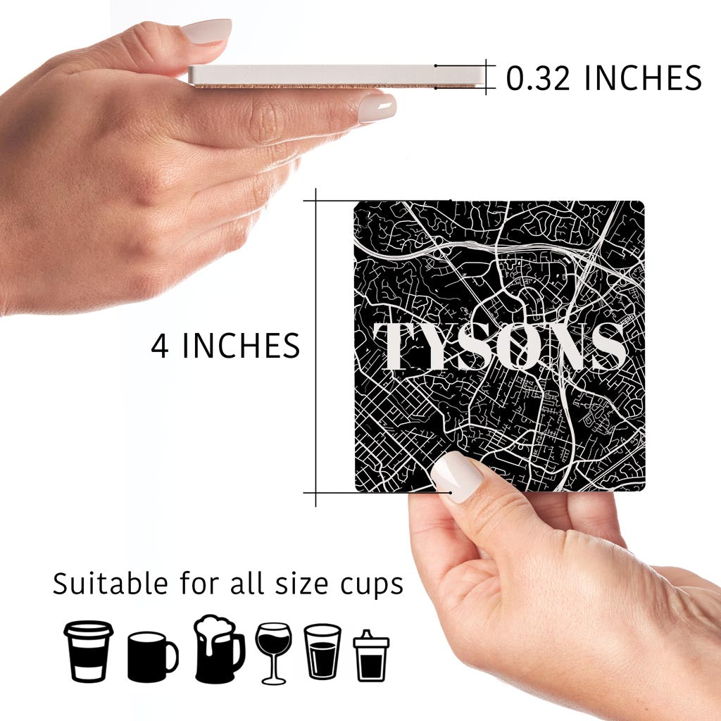 Minimalistic B&W Virginia Tysons Map | Absorbent Coasters | Set of 4 | Min 2