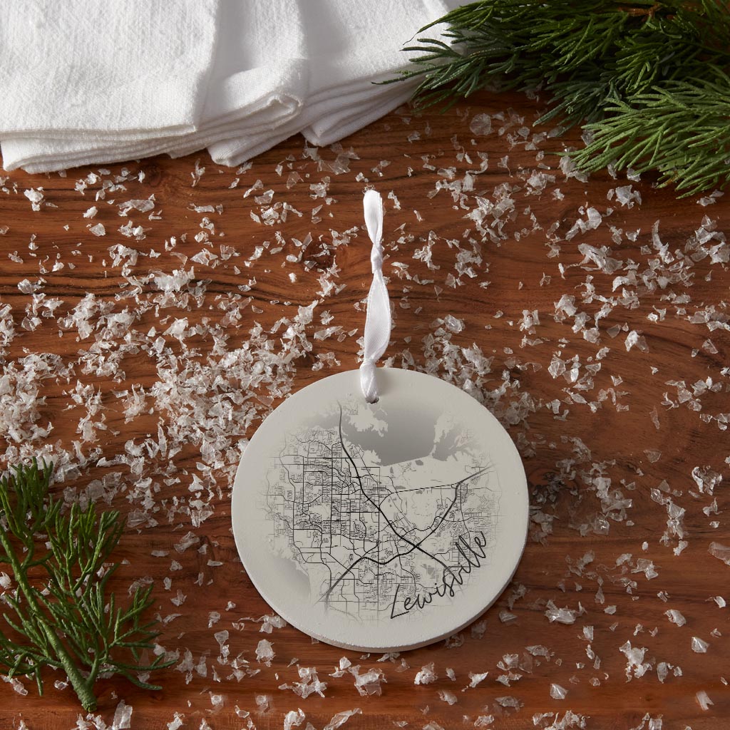 Minimalistic B&W Texas Lewisville Circle Map | Wood Ornament | Eaches | Min 6