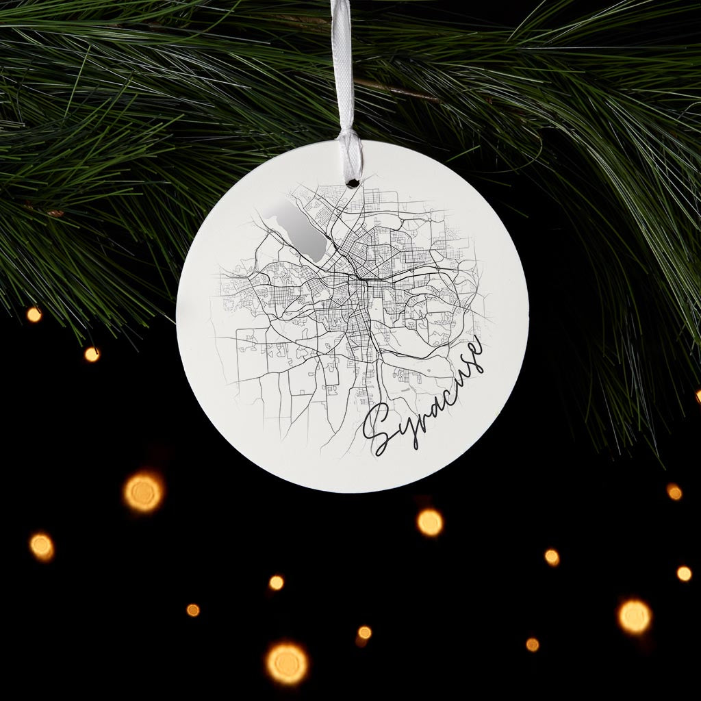 Minimalistic B&W New York Syracuse Faded Circle Map | Wood Ornament | Eaches | Min 6