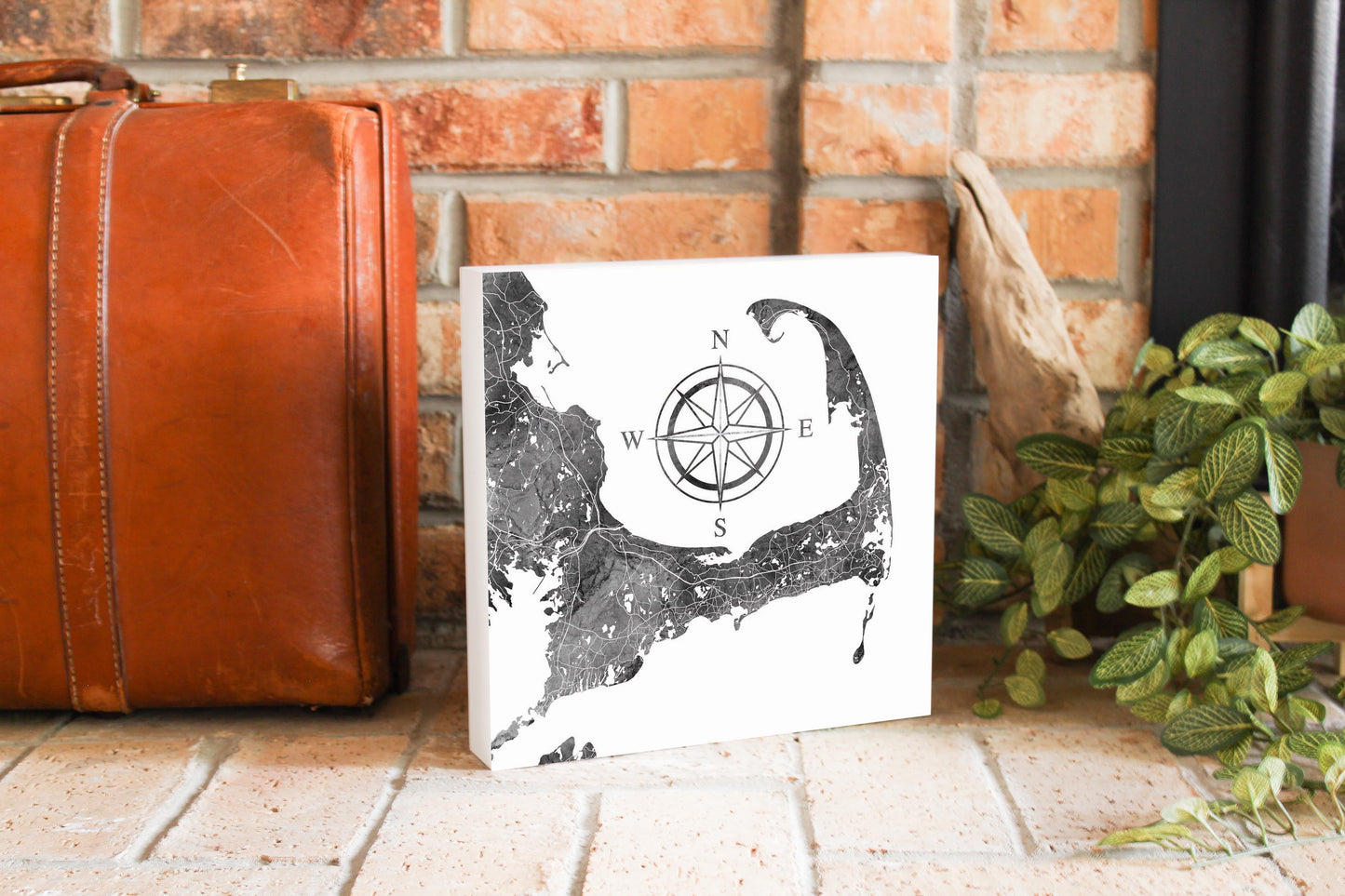 Minimalistic B&W Cape Cod Map With Compass | Wood Block | Eaches | Min 2