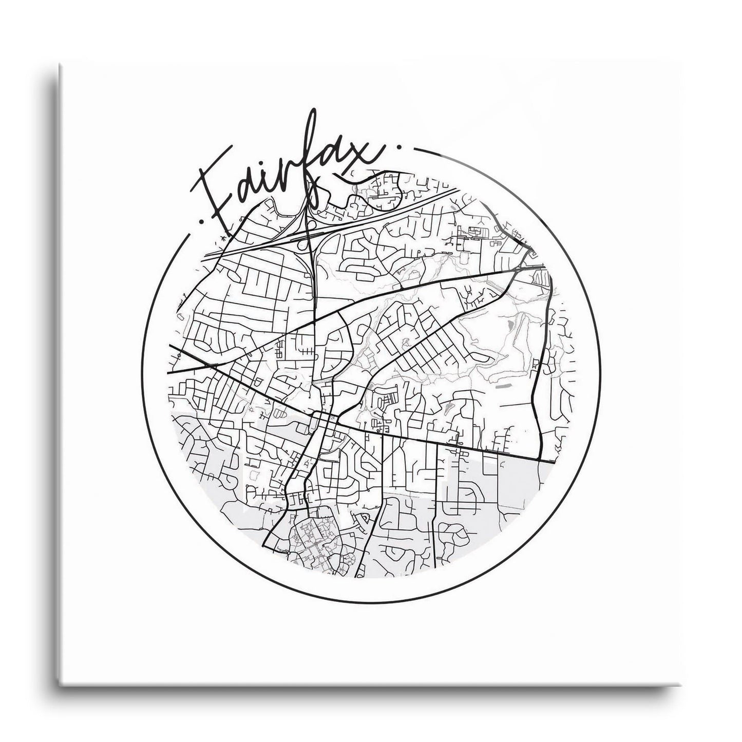 Minimalistic B&W Virginia Fairfax Circle Map | Hi-Def Glass Art | Eaches | Min 1