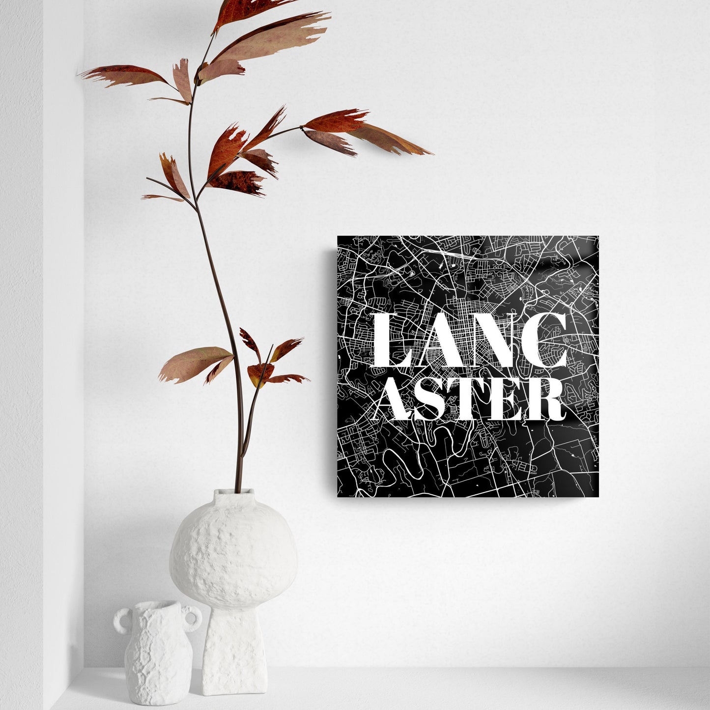 Minimalistic B&W Pennsylvania Lancaster Map | Hi-Def Glass Art | Eaches | Min 2