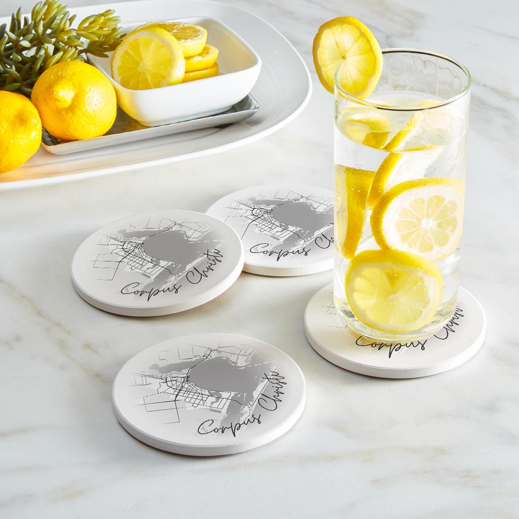 Minimalistic B&W Texas Corpus Christi Circle Map | Absorbent Coasters | Set of 4 | Min 2