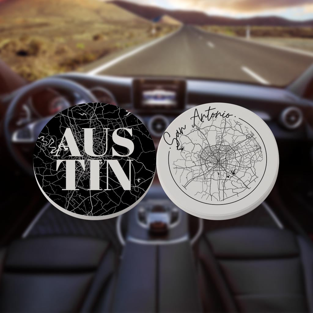 Modern Black White Texas Set | Absorbent Car Coasters | Set of 2 | Min 4