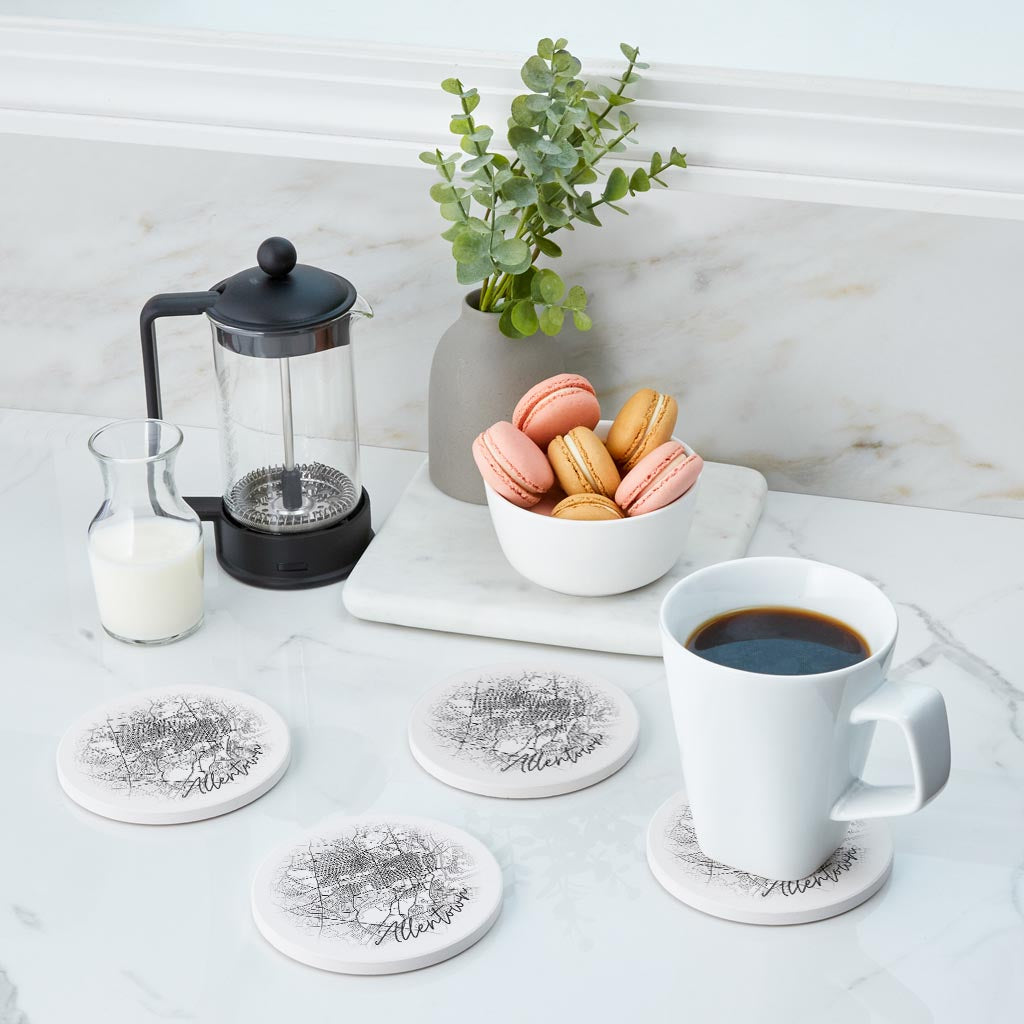 Minimalistic B&W Pennsylvania Allentown Circle Map | Absorbent Coasters | Set of 4 | Min 2