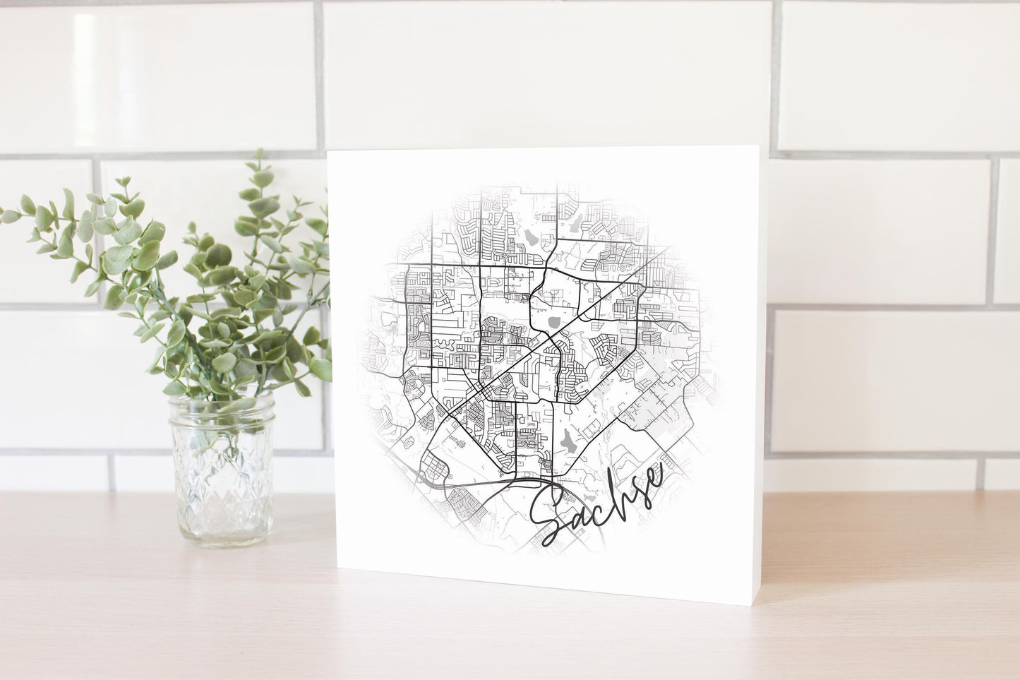 Minimalistic B&W Texas Sachse Circle Map | Wood Block | Eaches | Min 2
