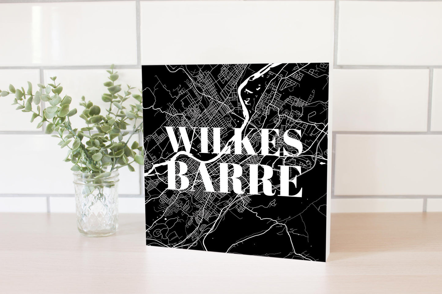 Minimalistic B&W Pennsylvania Wilkes Barre Map | Wood Block | Eaches | Min 2