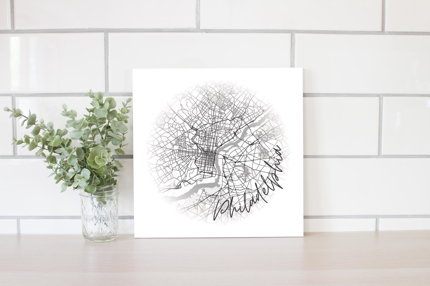 Minimalistic B&W Pennsylvania Philadelphia Circle Map | Wood Sign | Eaches | Min 2