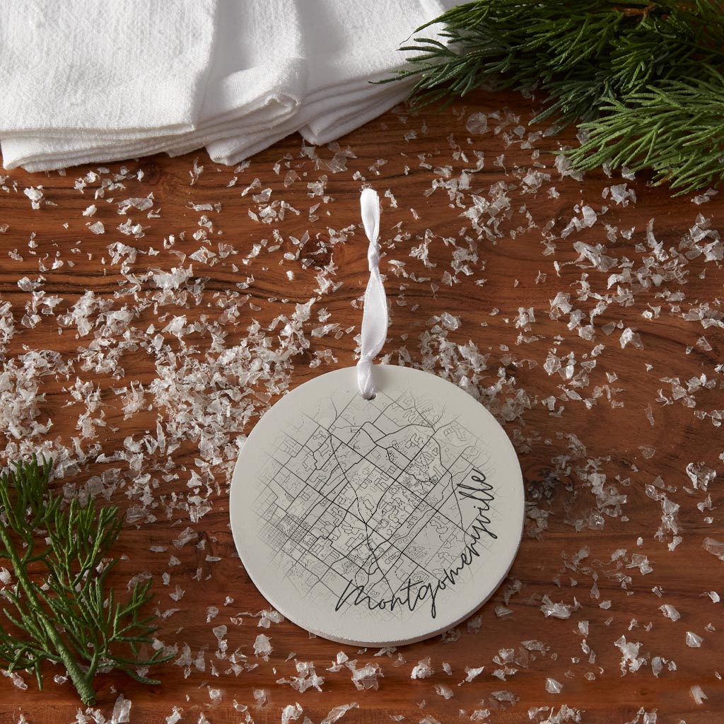 Minimalistic B&W Pennsylvania Montgomeryville Circle Map| Wood Ornament | Eaches | Min 6