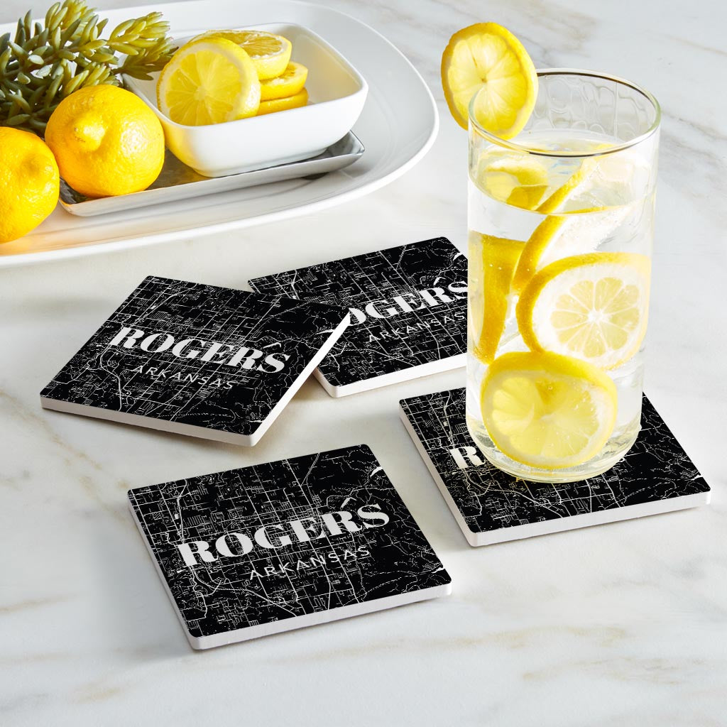 Minimalist B&W Arkansas Rogers Map State | Absorbent Coasters | Set of 4 | Min 2