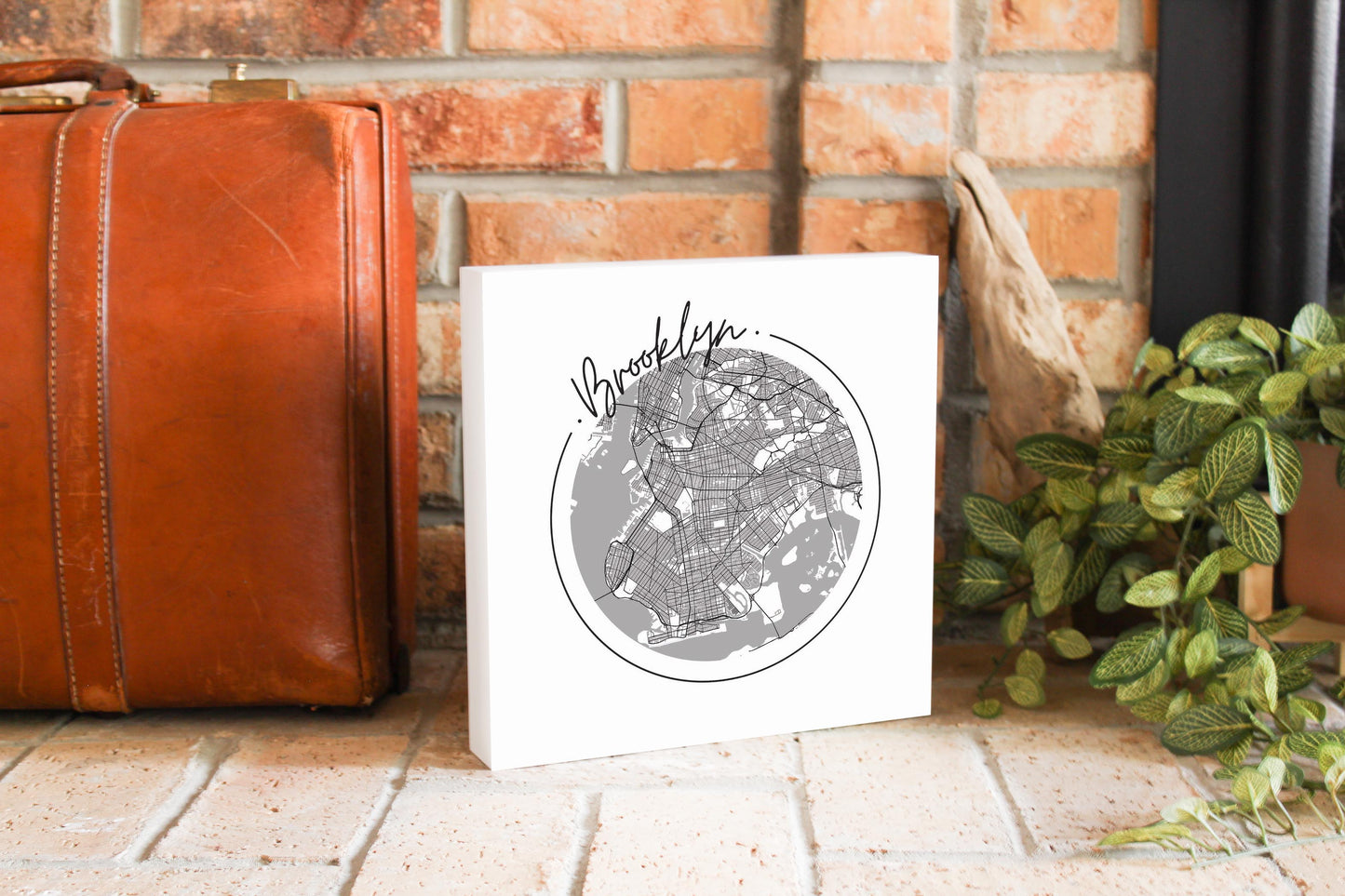 Minimalistic B&W New York Brooklyn Circle Map | Wood Block | Eaches | Min 2