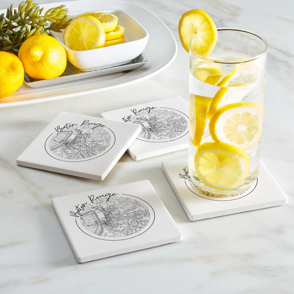 Minimalist B&W Louisiana Baton Rouge Circle Map | Absorbent Coasters | Set of 4 | Min 2